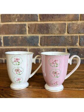Floral Mug Set 2 Pink White Gold Trim Footed Cups Park Chateau Fine Porcelain